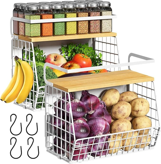 Magnetic Fridge Shelf with Wood Lid, Fruit Potato Onion Storage Bins, Pantry Organizers, Large Container Spice Rack for Refrigerator, Kitchen Counter, Cabinet (2, White)
