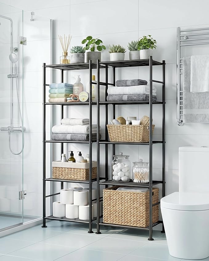 Sakugi Storage Shelves - Set of 2, 5-Tier Metal Shelf Organizer, Space-Saving Garage Shelving with Leveling Feet, Standing Shelves Organizer for Kitchen, Laundry, Pantry (18.4" x 12.6" x 57.4", Black)