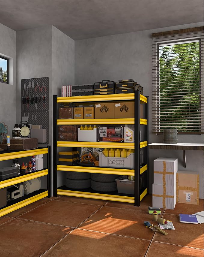 5-Tier Garage Shelving Heavy Duty,48''W x 18''D x 78''H Metal Shelving Unit,2800 lbs Weight Capacity Adjustable Storage Shelves for Retiple Tanks,Pantry,Garage,Yellow