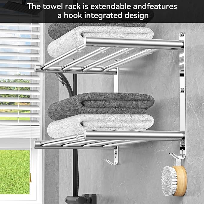 CAXIMSY Adjustable Towel Bar for Bathroom Wall Mount17-30.7inch Adhesive Shower Towel Rack Stainless Steel Bath Towel Holders for Toilet Kitchen Double Towel Hanger (Double Towel Rack)
