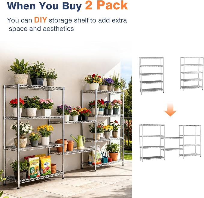 5 Tier Shelving Unit,Wire Shelving with Lockable Wheels,Chrome | 30"Wx14"Dx62"H,Metal Shelf Rack,Height Adjustable Wire Rack Storage Shelving Stand for Kitchen,PantryGarage,Office,Laundry