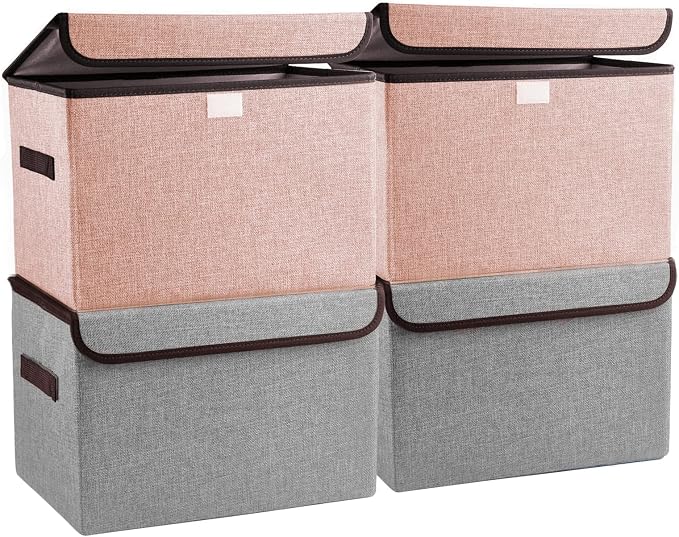 Bagnizer Linen Fabric Foldable Storage Cube Bin Organizer Basket with Flip-Top Lid & Handles, Large Clothes Blanket Box for Home, Office, Closet, Gray & Pink, 4 Pack 14.6 x 9.5 x 9.5”