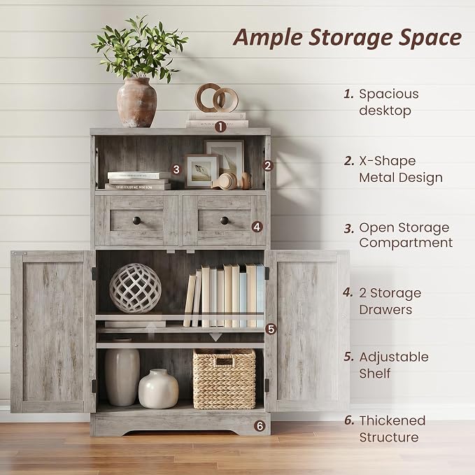 Farmhouse Storage Cabinet with Drawers, Small Kitchen Pantry Cabinet, Gray | Accent Coffee Bar Cabinet Cupboard, 2 Drawers, 2 Barn Doors & Adjustable Shelves, for Kitchen/Entryway/Living Room/Bathroom