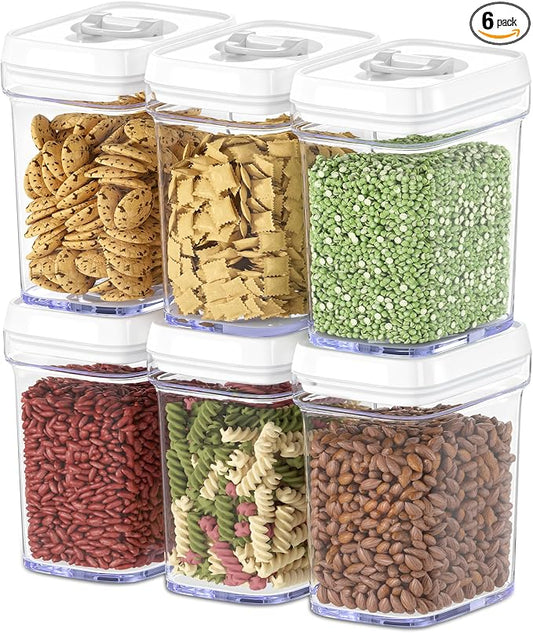 DWËLLZA KITCHEN Airtight Food Storage Containers for Pantry With White Lids 1L - 6 Pack - Clear Plastic Air Tight Kitchen Containers Pantry Organization and Storage BPA-Free Keeps Food Fresh & Dry