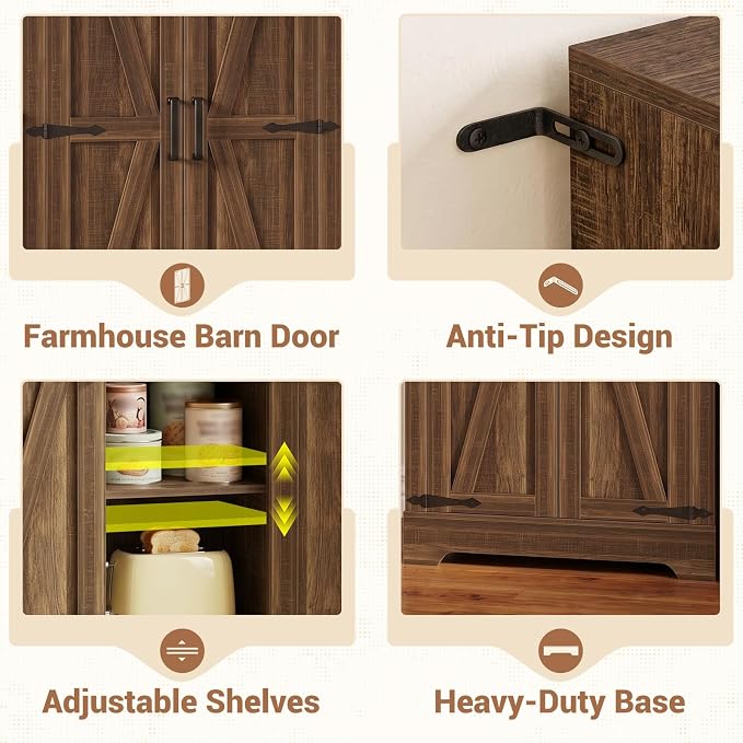 Unikito 43.3" Farmhouse Storage Cabinet with Doors and Adjustable Shelves | Wood Pantry Cabinet, Small Sideboard Cabinet, Short File Cabinet for Dining Room, Living Room, Bathroom, Home Office