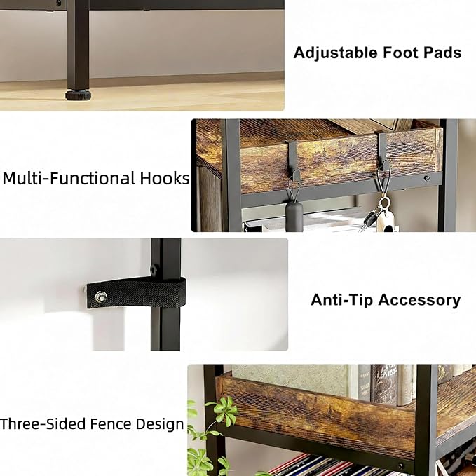 HealSmart 5 Tier L Shape Bookshelf, 65" Corner Bookcase with Hooks and Edge, Industrial Wooden Bookcase with Open Shelves and Metal Frame for Living Room, Bedroom, Home Office, Kitchen, Brown