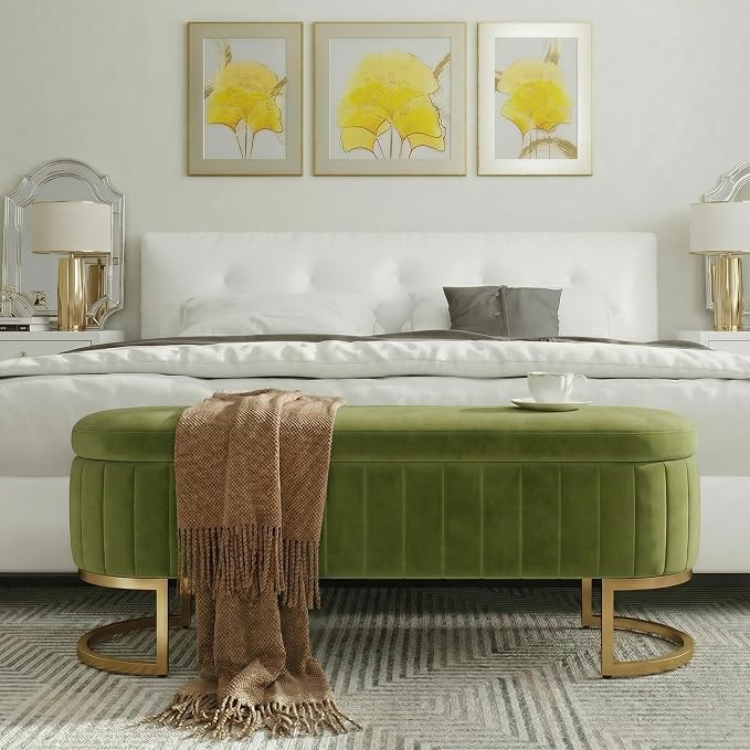 51 Inch Storage Ottoman Bench Velvet End of Bed Storage Bench King Size Upholstered Tufted Bench Large Space for Bedroom Living Room Entryway Light Green