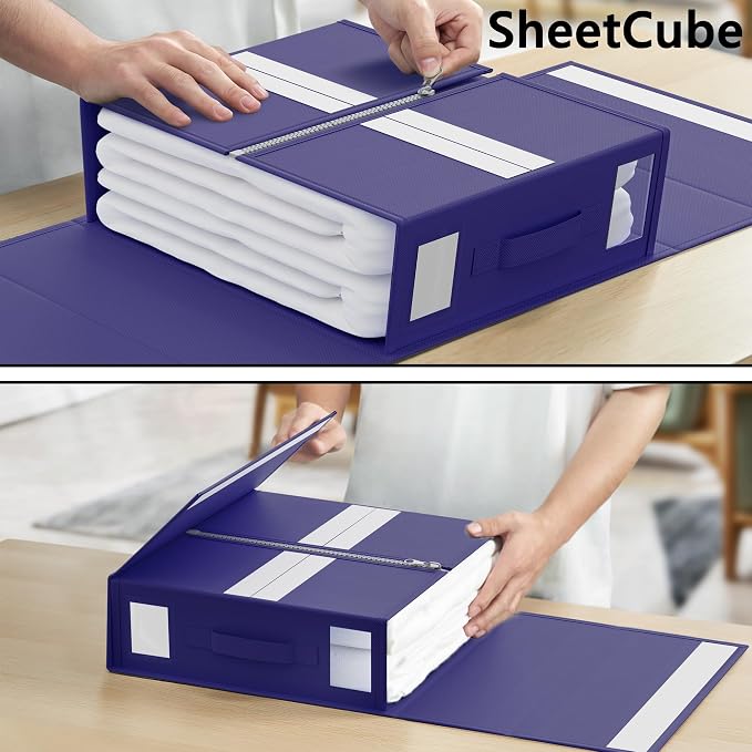 SheetCube Bed Sheet Organizers and Storage 6 Pack, Foldable Linen Closet Organizer with Window and Label, Bedding Folder Storage Box Container for Blanket, Duvet Cover Set, Bed Sheet Set - Navy Blue