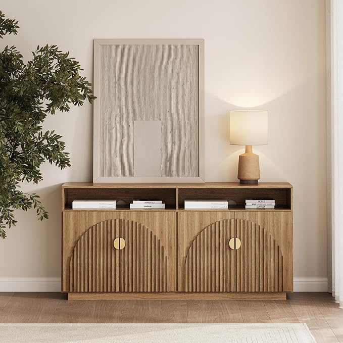 BELLEZE 65 Inch Fluted TV Stand, Mid Century Modern Entertainment Center with Storage Cabinets & Open Shelves, Media Console TV Cabinet with Adjustable Shelves for Living Room, Caramel Brown