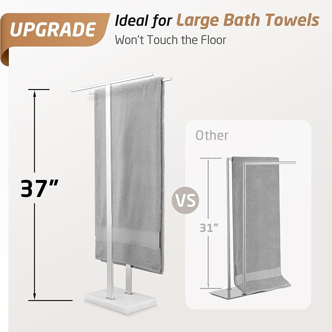 KES Standing Towel Rack, 37" H, 18/8 Stainless Steel & Marble Base Polished | Equal-Height Rods, 8.23 Lbs Heavy Base, Fits Towels Up To 70", Freestanding Design, Bathroom Floor, Modern
