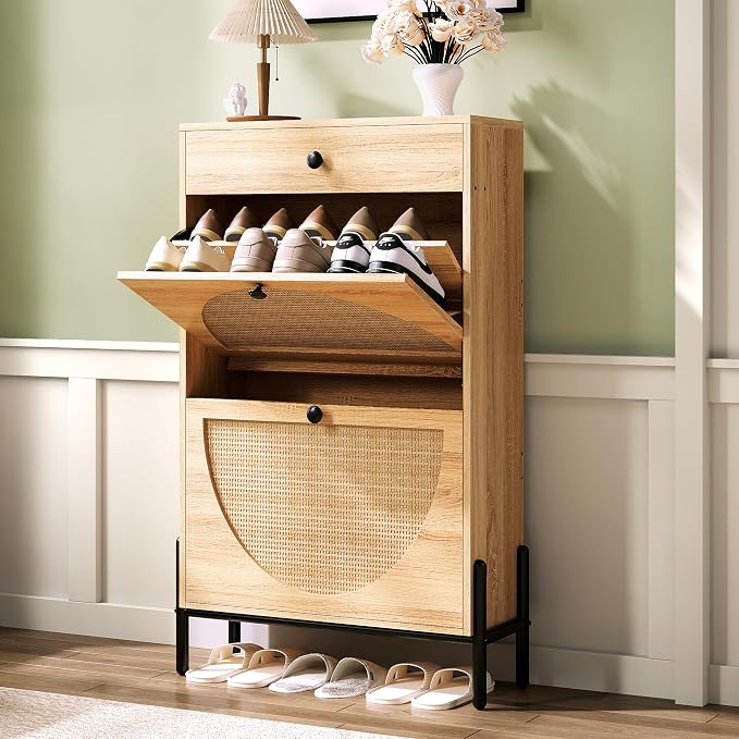 IRONCK Narrow Shoe Cabinet with 2 Flip Drawers and Rattan Doors, Oak | Shoe Storage Cabinet for Entryway, Free Standing Shoe Storage Organizer, Adjustable Shelves, Shoe Rack Cabinet