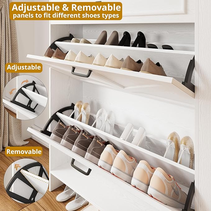 IRONCK Shoe Storage Cabinet with 2 Flip Drawers & Barn Door, White/Black | Freestanding Shoe Cabinet Organizer with Drawer and Shelves for Entryway, Farmhouse Shoe Rack Cabinet