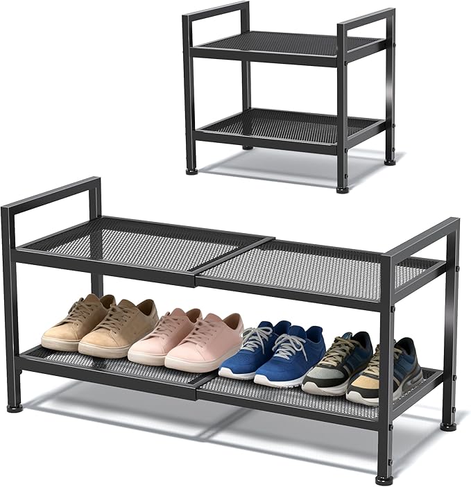 2 Tier Shoe Rack, Expandable Shoe Rack for Closet, Adjustable Shoe Organizer for Entryway, Shoe Storage Organizer for Door Entrance, Garage, Bedroom
