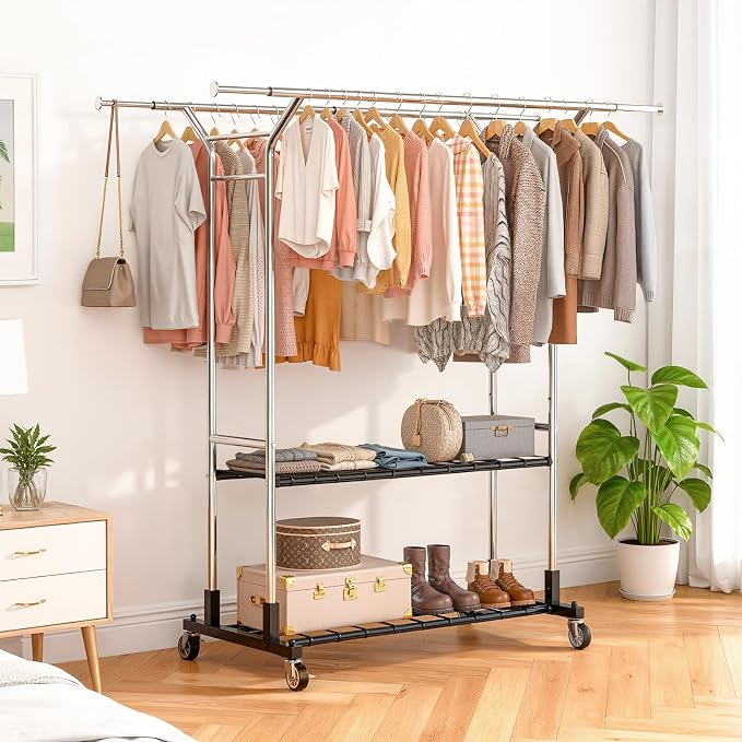 Luxspire Double Rod Clothing Racks for Hanging Clothes Load 650 LBS, Silver | Zinc-iron alloy frame, 2-tier sturdy shelves, lockable silent wheels, adjustable extendable rods for bedroom & laundry room