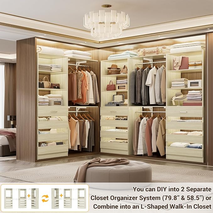 Aheaplus Closet System Set of 3, 138.5" Wood Closet Organizer System Tower with 12 Drawers & 4 Hanging Rods, 6.7+4.85Ft L Shaped Walk-in Closets Wardrobe Organizer Garment Rack with Shelf, White Oak3