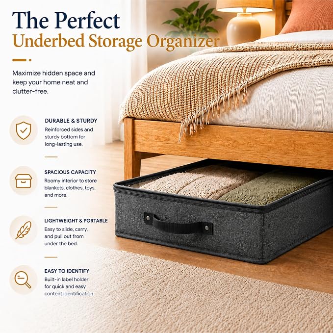 2pc Under Bed Storage Containers, Bedroom Under the Bed Drawer Storage Organizer with Bins and Lids, Medium Underbed Clothes Storage Box Ideal for Blanket, Fabric, & Shoes (Dark Gray)