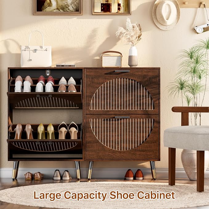 Farmhouse Shoe Cabinet Storage for Entryway, Slim Hidden Shoe Rack Cabinet | 1, 2 Flip Drawers with Dividers 2, Stylish Round Panel 3, Sturdy Metal Leg 4, Anti-Tip Safety Kit 5, Shoe Organizer Cabinet