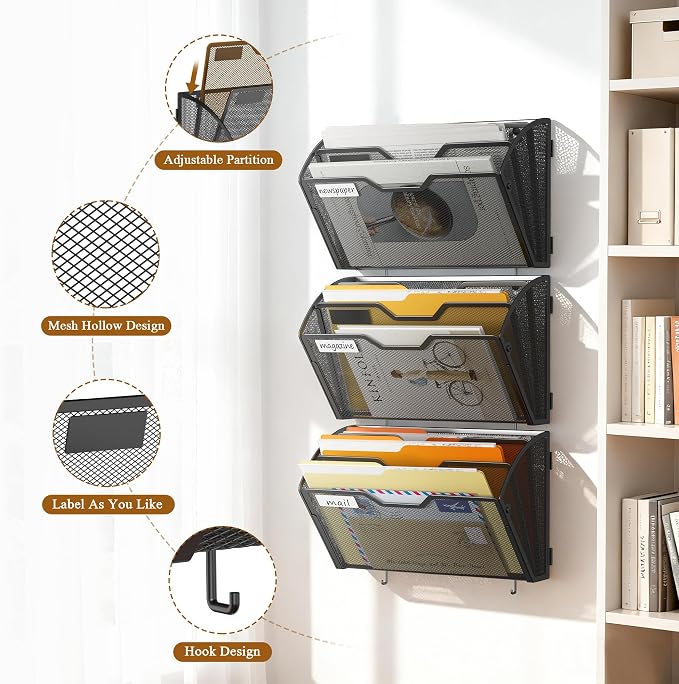 Docnest 3 Pack 3 Tier Mesh Wall File Holders with Hooks for Mail, Black | Space-saving vertical design with utility hooks. Ideal paper document organizer for office, home, and school