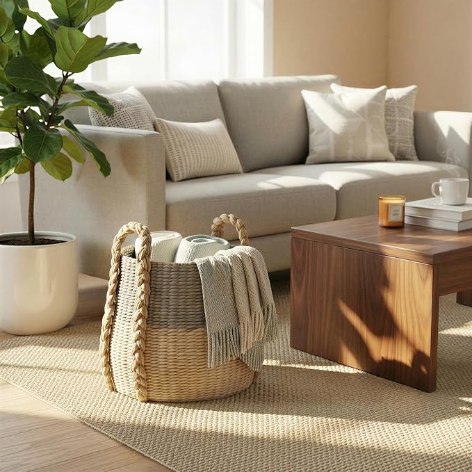 Household Essentials Handwoven Cattail and Paper Rope Terra Basket Decorative Storage Organizer, Natural and Gray Finish