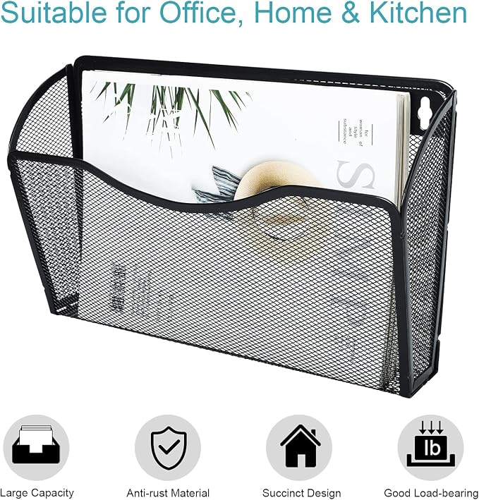 6 Pockets Wall File Organizer Metal Mesh Hanging Document Paper Holder Wall Mount Magazine Rack for Business Home Office Classroom, Black