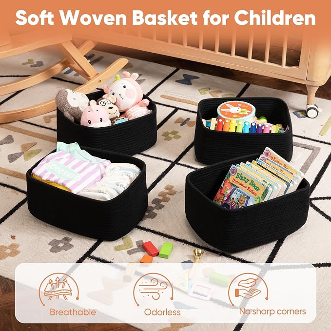 OIAHOMY 4 Pack 14.17 * 11.02 * 6.3IN Storage Baskets for Organizing Shelves, Woven Rope Baskets for Organizing Books, Clothes, Decorative Basket for Living Room, Nursery, Bedroom, Gift Basket, Black