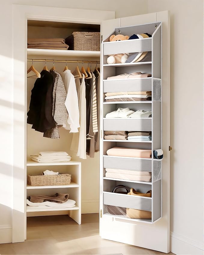 ULG 2-Pack Over-The-Door Organizer 5 Tiers, – Hanging Storage Organizer with 4 Mesh Side Pockets,Space Saving Closet Door Organizer for Clothes, Shoes, Toys, Accessories Light Gray