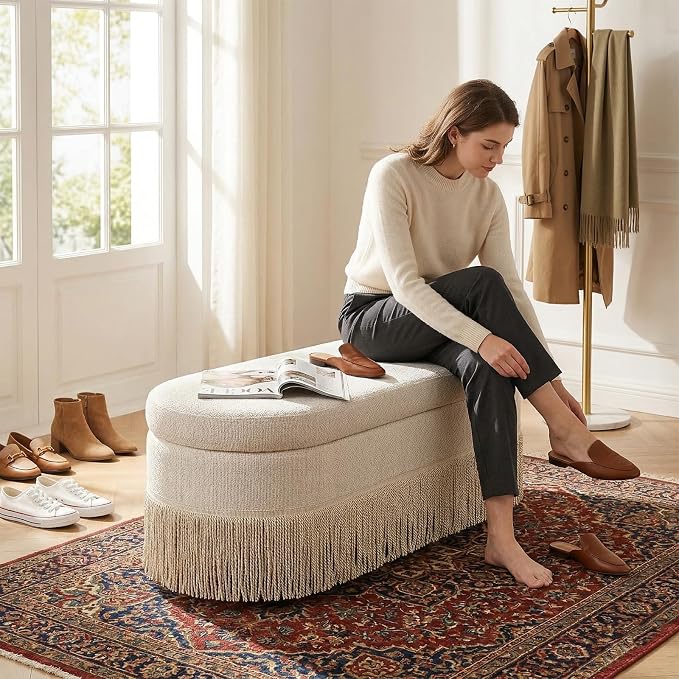 39.4“ Boho Storage Ottoman Bench with Tassels,Upholstered End of Bed Bench | Linen Oval Ottoman with Storage, Entryway Foot Rest for Bedroom, Lift-Top Lid with Safety Hinge, Living Room, Beige