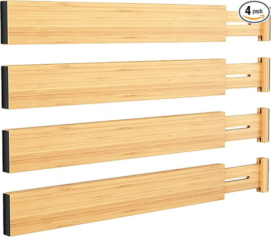 BAMEOS Bamboo Expandable Drawer Dividers – Fits 13.3"–19" Drawers, 2" High, Set of 4 | Spring-Loaded Bamboo Separator for Kitchen Island, Bathroom Vanity & Dresser Drawers