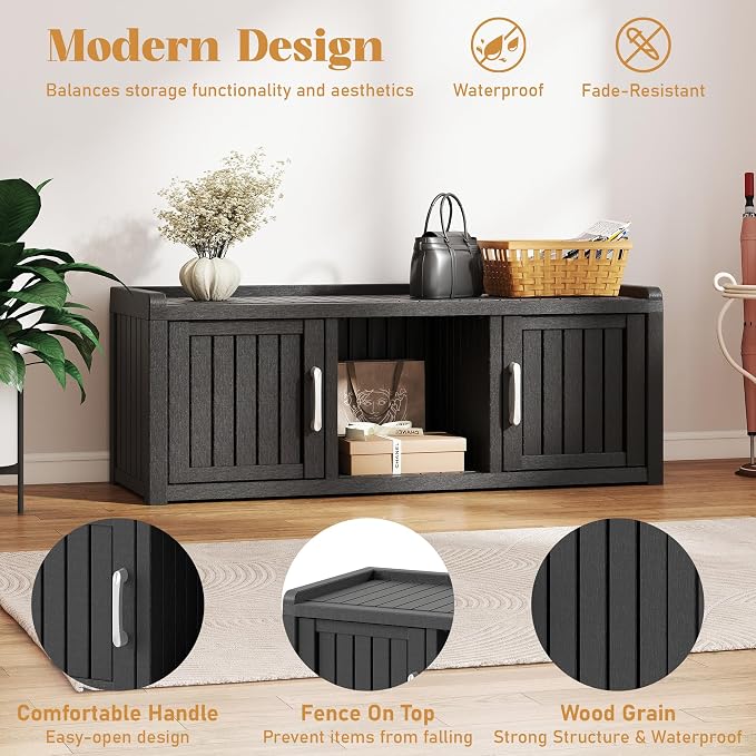 2-Tier Storage Bench, Waterproof UV-Resistant Outdoor Shoe Storage Cabinet with 2 Doors & Adjustable Shelves for Indoor Outdoor Entryway, Hallway, Living Room(Classic Black)