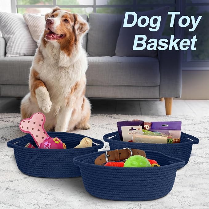 MEGASKET Dark Blue Small Woven Basket, 13” x 9” x 5” Baskets for Gifts Empty, Cotton Rope Gift Basket, Cute Nursery Baby Organizer, Cat Dog Toy Box, Oval Wicker Storage Bin with Handle