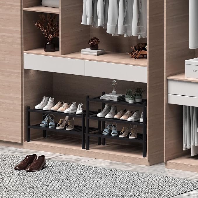 ROMGUAR CRAFT 2 Tier (Thick) Bamboo Shoe Rack for Closet Free Standing Wood Shoe Shelf for Entryway Small Space Stackable 27"x12"x14" (Black)