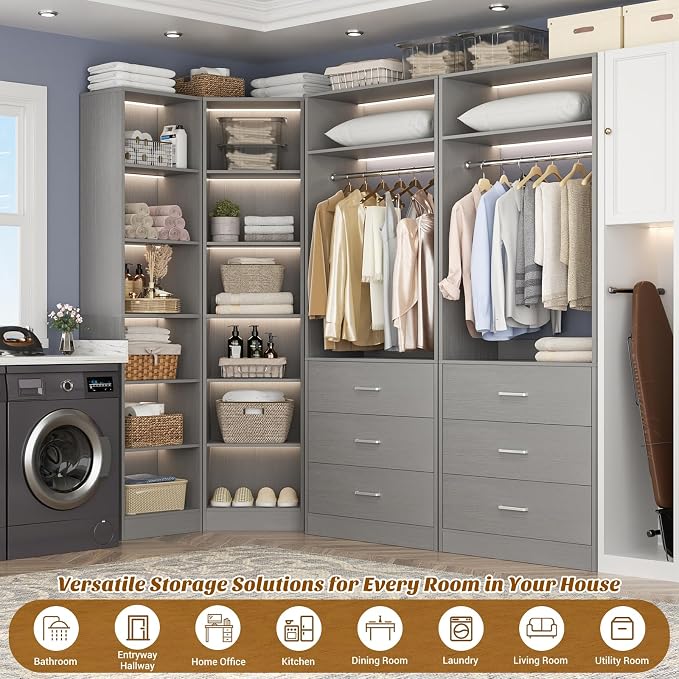 Besiost Closet System with 6 Drawers & 10 Shelves, Corner Closet Organizer System, Reversible Walk-in Closets, (L-Shaped 31.5" L * 31.5" W / I-Shaped 62.9" L * 15" W), Load 1500+LBS, Grey