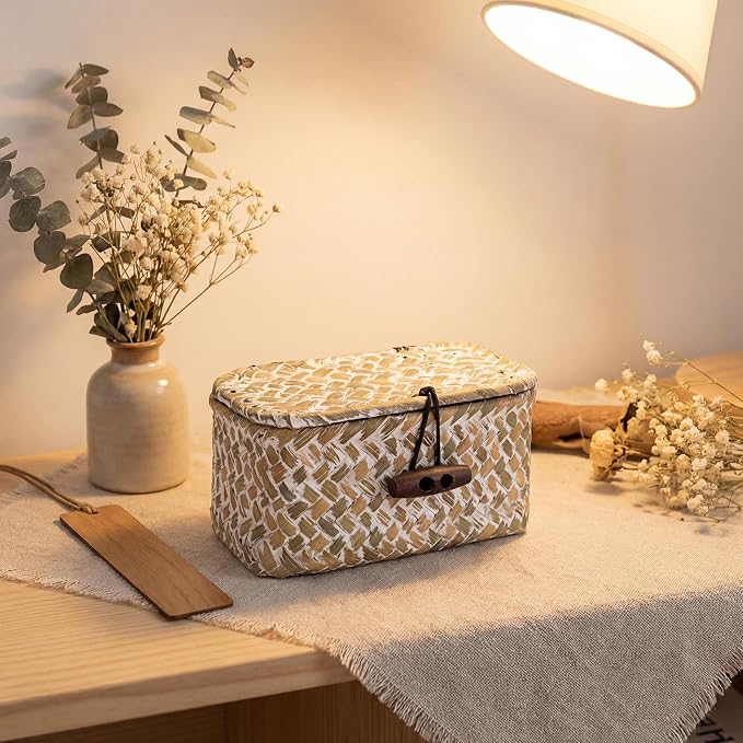 Hipiwe Wicker Shelf Basket Box with Lid Decorative Basket Handwoven Seagrass Storage Organizer Basket Decorative Basket, Whitewas 4.3" x 2.5" x 2.1"