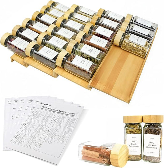 Spice Drawer Organizer with 24 Bamboo-lidded Spice Jars,216 Labels,25 Non-slip Rubber, Bamboo 4 Tier Seasoning Rack Tray Insert for Kitchen Drawers,Cabinets,Countertop,11" Wide x 15.8" Deep