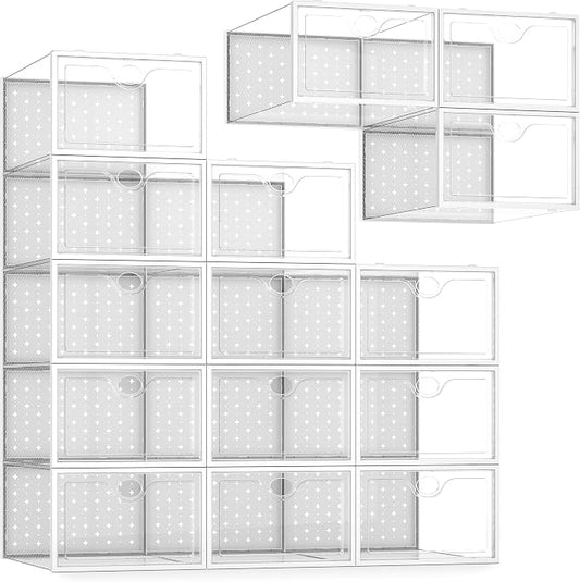 15 Pack X-Large Shoe Storage Boxes, Shoe Organizer Clear Stackable | Fit US Size 11, 6.2” Height, Shoe Dispaly Case Holder Bins Sneaker Storage for Sneakerheads, For Home and Family, White