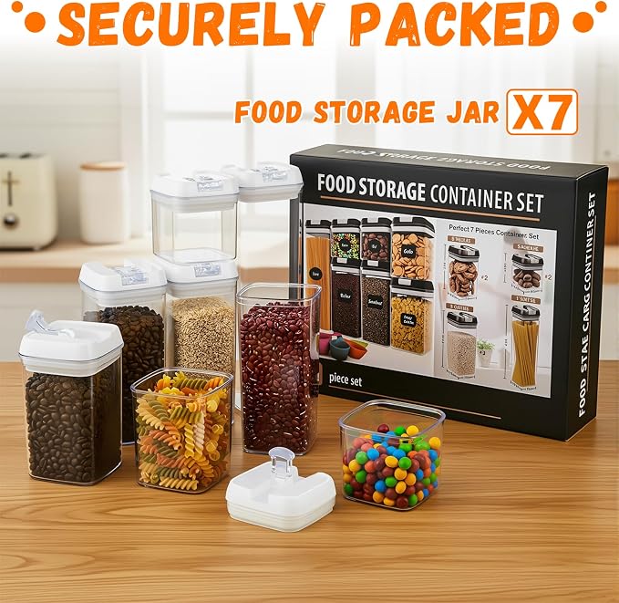 Clear Airtight Food Storage Containers, 7-Piece Set | BPA-free plastic kitchen pantry organization canisters. Stackable design ideal for cereal, spaghetti, and pasta storage.
