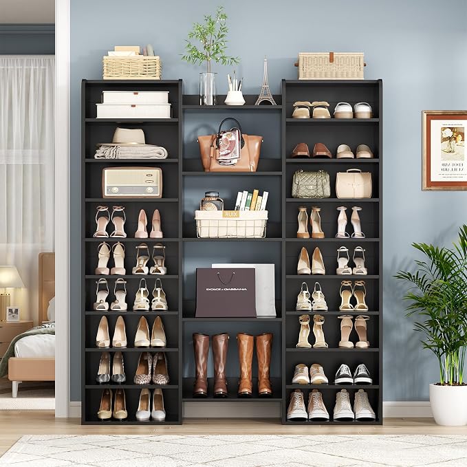 Unikito 14-Tier Shoe Cabinet, Wood Storage Organizer for Entryway, Black | 22 Open Cubbies, Freestanding Footwear Rack Shelf for Front Door Entrance, Living Room, Hallway, Bedroom, Home Wooden