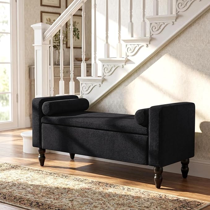 End of Bed Bench for Bedroom, 45.7" Linen Storage Ottoman Bench with Removable Pillows, Upholstered Entryway Bench with Solid Wood Legs, Storage Cabinet for Bedroom, Living Room, Entryway, Black