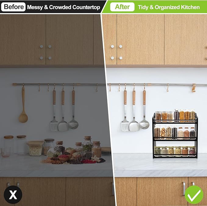 3 Tier Bamboo Spice Rack Wall Mount or Countertop,Spice Organizer | Seasoning Jars Rack Spice Shelf Organizer for Kitchen Counter or Wall Mounting (Black)