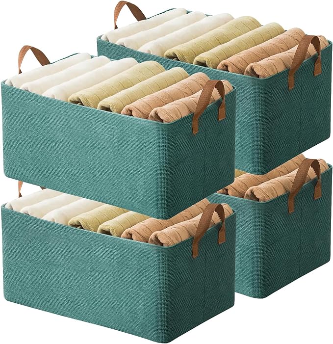 AARAINBOW 4 Pcs Closet Clothes Organizer with Handle, Fabric storage Box with Steel Frame Stackable Shelf Storage Baskets Foldable Storage Baskets for Organizing Clothes Jeans, 23L (4 Green)