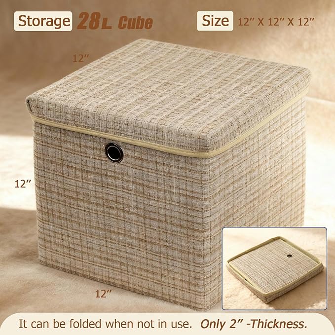 modscape 12x12x12 Collapsible Fabric Cube Storage Bins with Lids | Clothes storage bins for shelves, closet, bedroom. Decorative boxes with lids, treasure box for classroom(Shining Beige, 4)