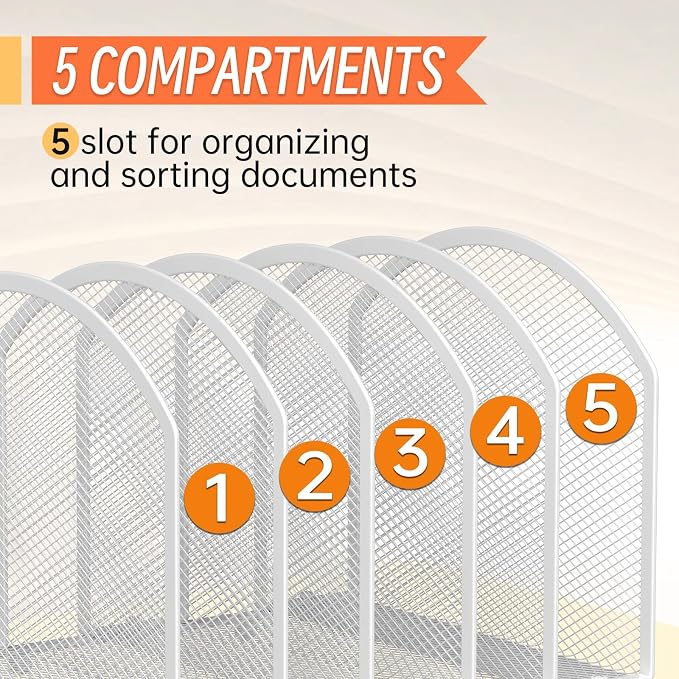 MINDEPOT Desk File Organizer 5 Sections Desktop Organizer File Sorter Office Organization File Folder Holder for Office School & Classroom (White, 5 Section - 1Pack)