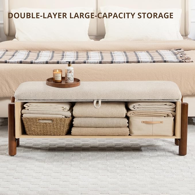 47'' Modern Storage Ottoman Benches with Walnut Wood Legs Ottoman Bench with 22 Gallons Storage Space Fabric Upholstered Seating End of Bed Bench for Bedroom for Livingroom Beige