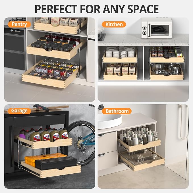21" Deep 2-Tier Pull Out Cabinet Organizer - Wood Pull Out Drawers | Slide Out Shelves, Full-Extension, Ball-Bearing Slides, 3 Adjustable Heights (2-Tier, 20''W X 21''D Overall)
