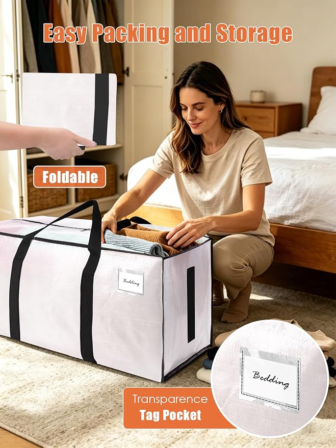 SWEET DOLPHIN 8 Pack 200LB Heavy-Duty Moving Bags with Wrap-Around Handles, Extra Large Storage Totes for Space Saving, Clothes Storage Bags, College Dorm Essentials, Semi-Transparent, 24 Gal