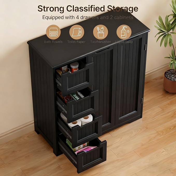 Gizoon Wooden Bathroom Floor Cabinet, Side Storage Organizer Cabinet | Bathroom Storage Cabinet with 4 Drawers & 2 Doors, Adjustable Shelf, Anti-tipping, for Entryway, Living/Dining Room, Black