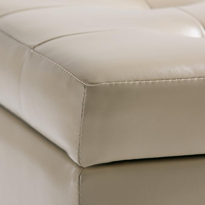SIMPLIHOME Dover 36" Wide Linen Look Fabric Storage Ottoman in Slate Grey | Satin cream, transitional storage ottoman with tufting and lift-up lid; rectangle storage bench for living room or entryway.