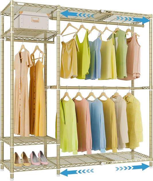VIPEK X20 Expandable Metal Clothing Rack Adjustable from 3'3" to 4'8" Heavy Duty Garment Racks With Shelves and Hanger Rods Portable Wardrobe Open Closet System, Gold