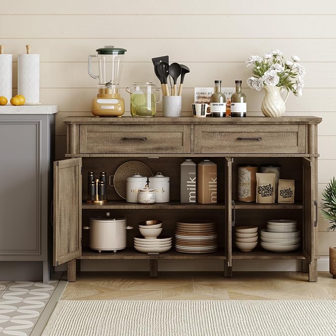 55 Inch Buffet Cabinet with Storage, Farmhouse Sideboard Buffet w/2 Drawers and 3 Doors, Coffee Bar Cabinet with Adjustable Shelves, Sideboard Storage for Kitchen, Living Room, Washed Grey