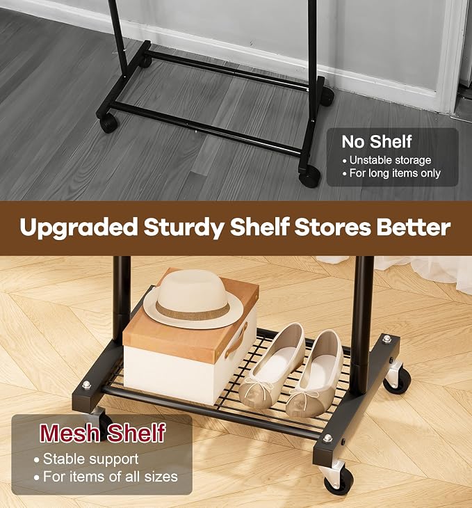 MISSLO Small Clothes Racks for Hanging Clothes Clothing Rack with Wheels 60" Metal Garment Rack with Shelves Portable Rolling Wardrobe Rack for Small Space, Black